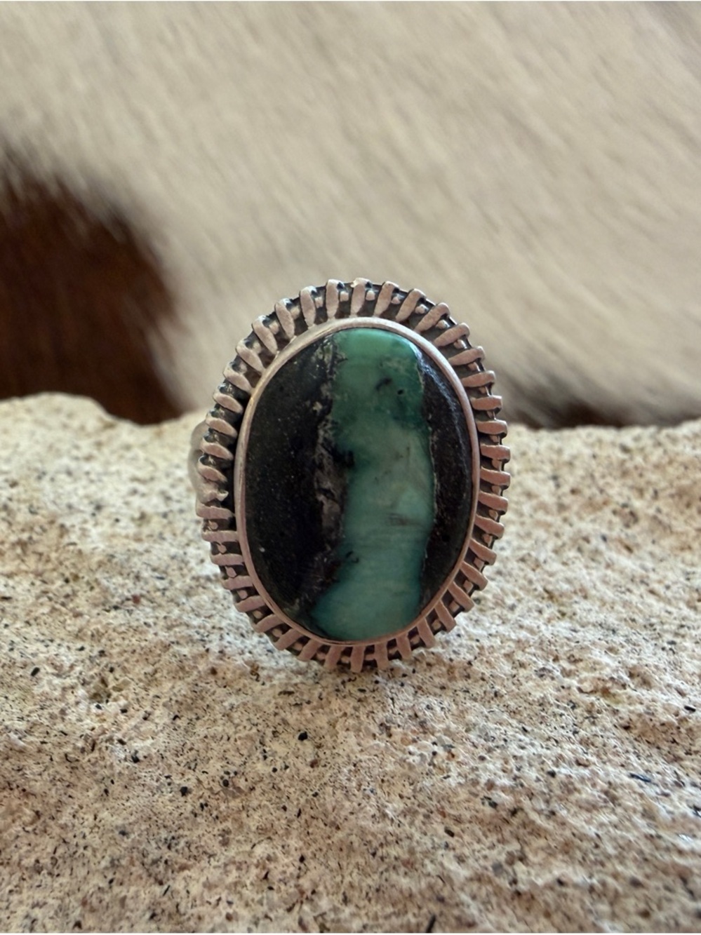 ❤️ Black Jack Turquoise Sterling 925 Unique Oval Stone ADJ Navajo Style Ring
